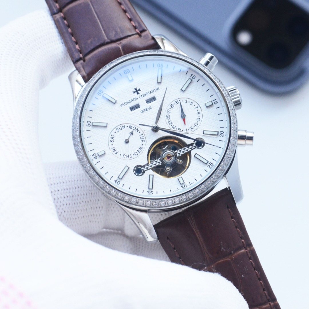 Vacheron Constantin Brown Silver White Dial Strap Watch