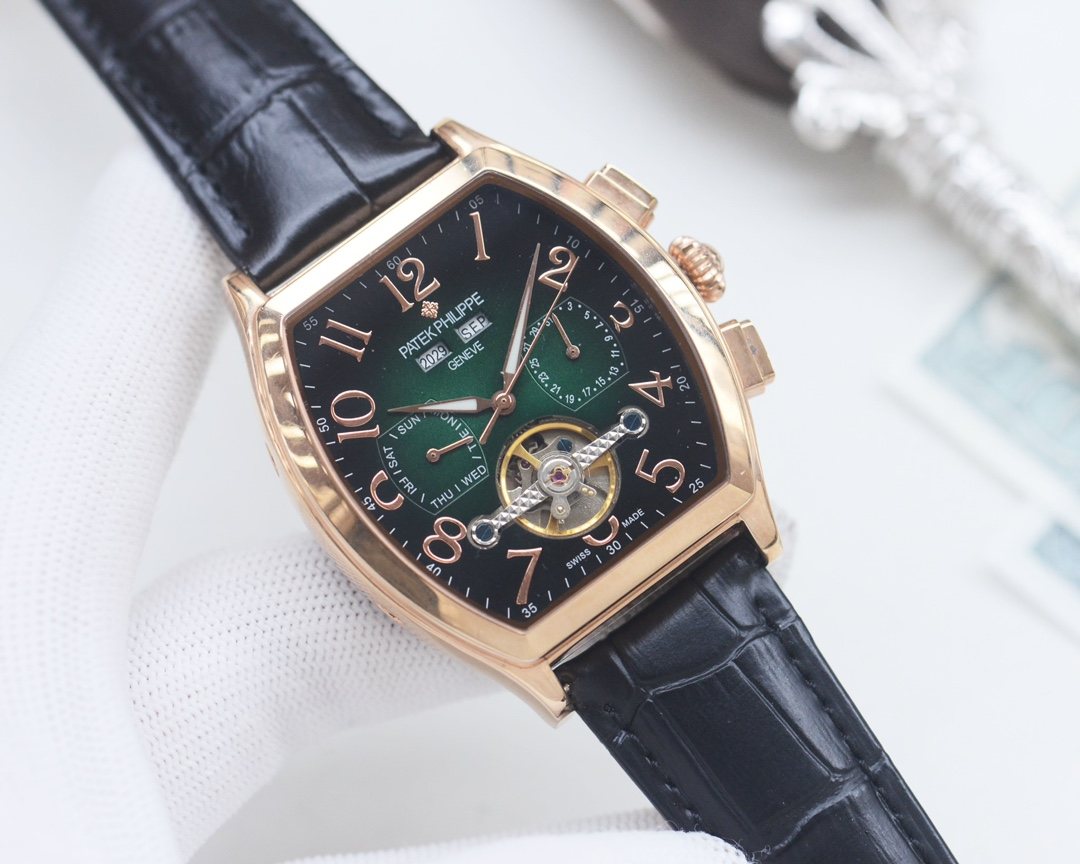 Patek Philippe Rose Gold Black Green Dial Strap Watch