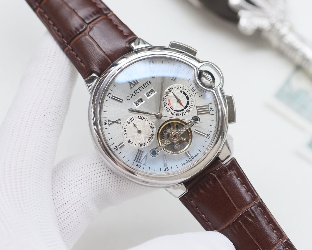 Cartier Brown Silver White Dial Leather Strap Watch