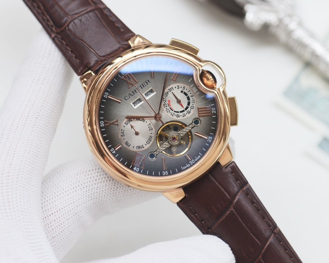Cartier Brown Rose Gold White Dial Leather Strap Watch