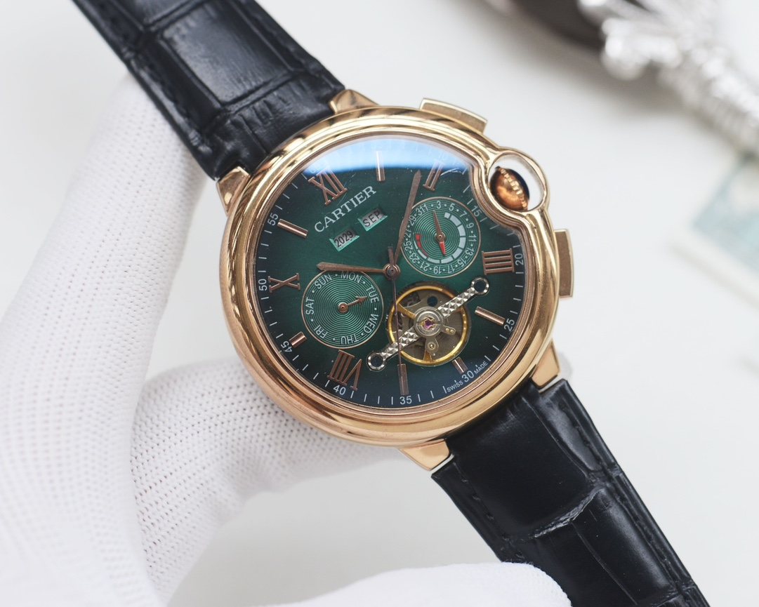 Cartier Black Rose Gold Green Dial Leather Strap Watch