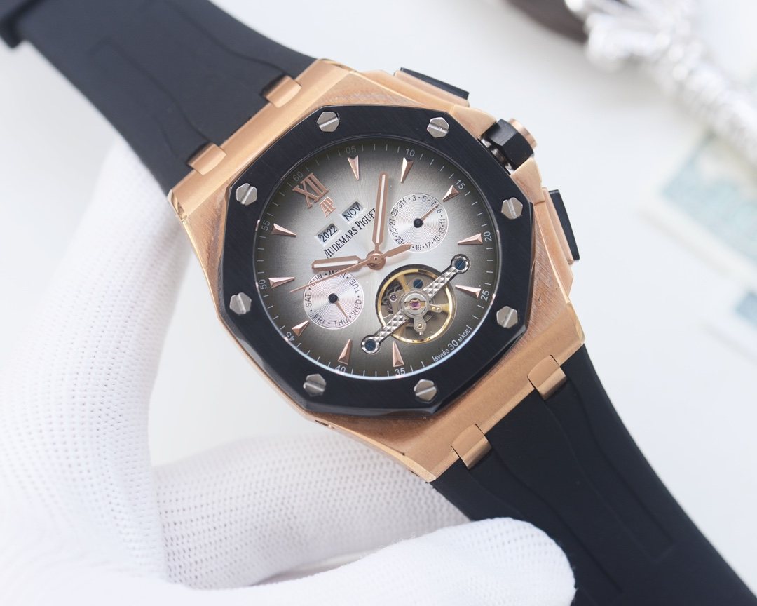 Audemars Piguet Rose Gold Black Strap Watch