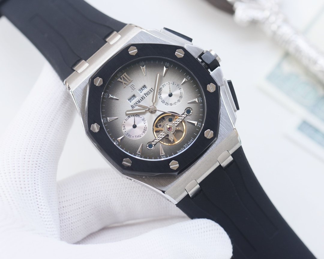 Audemars Piguet Silver Black Strap Watch