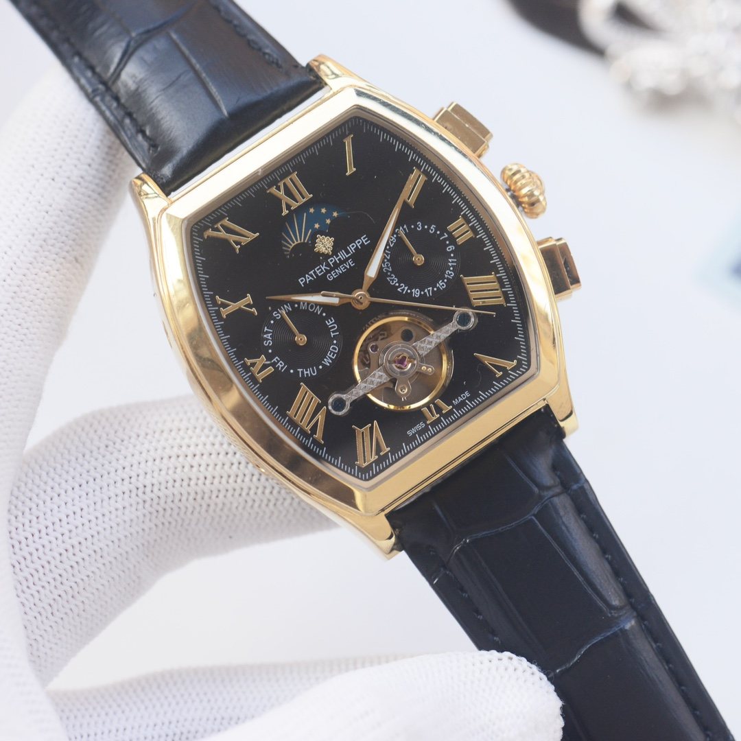 PATEK PHILIPPE Gold Black Dial Leather Strap Watch