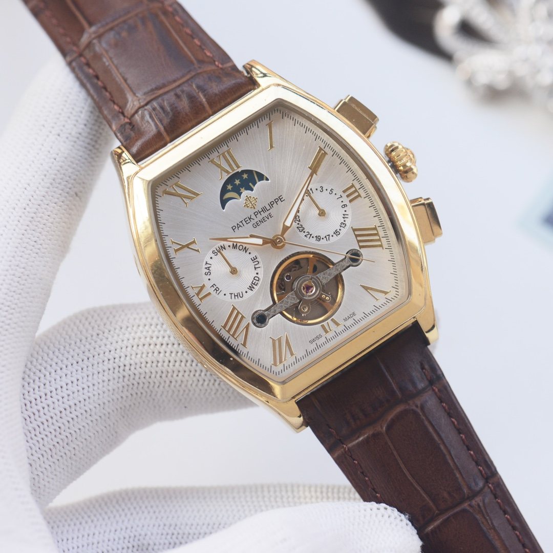 PATEK PHILIPPE Gold Brown White Dial Leather Strap Watch