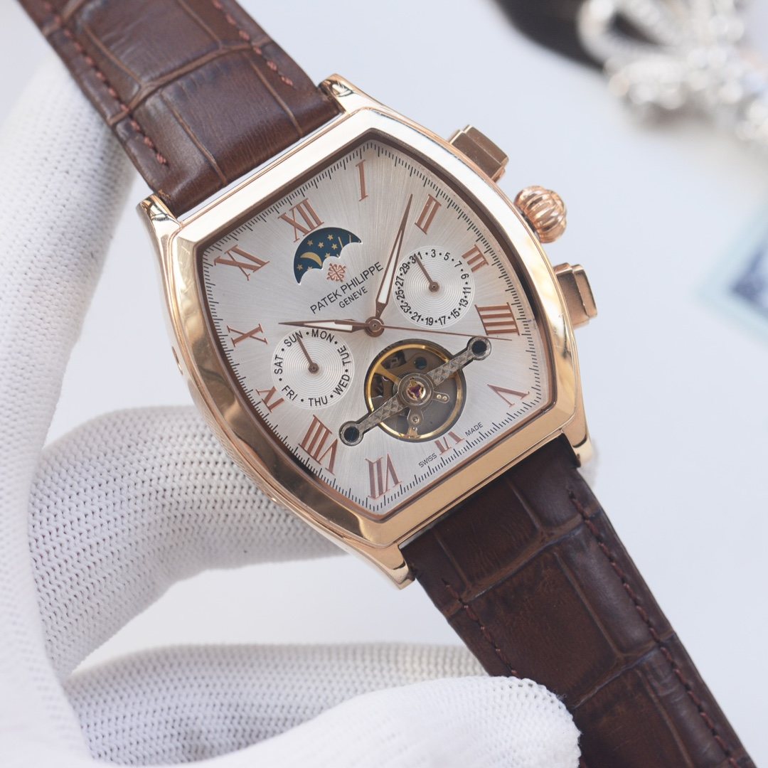 PATEK PHILIPPE Rose Gold Brown White Dial Leather Strap Watch
