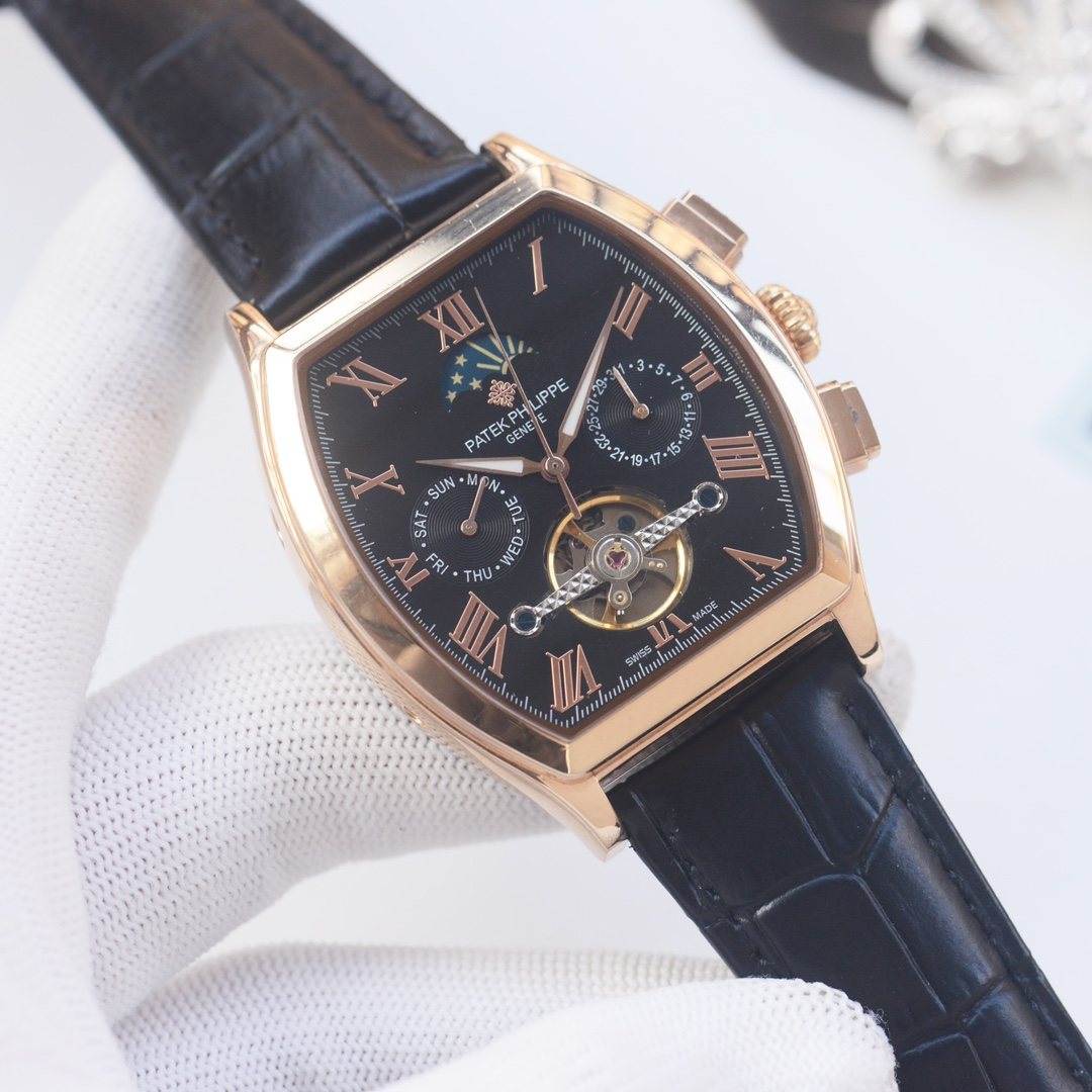 PATEK PHILIPPE Rose Gold Black Dial Leather Strap Watch