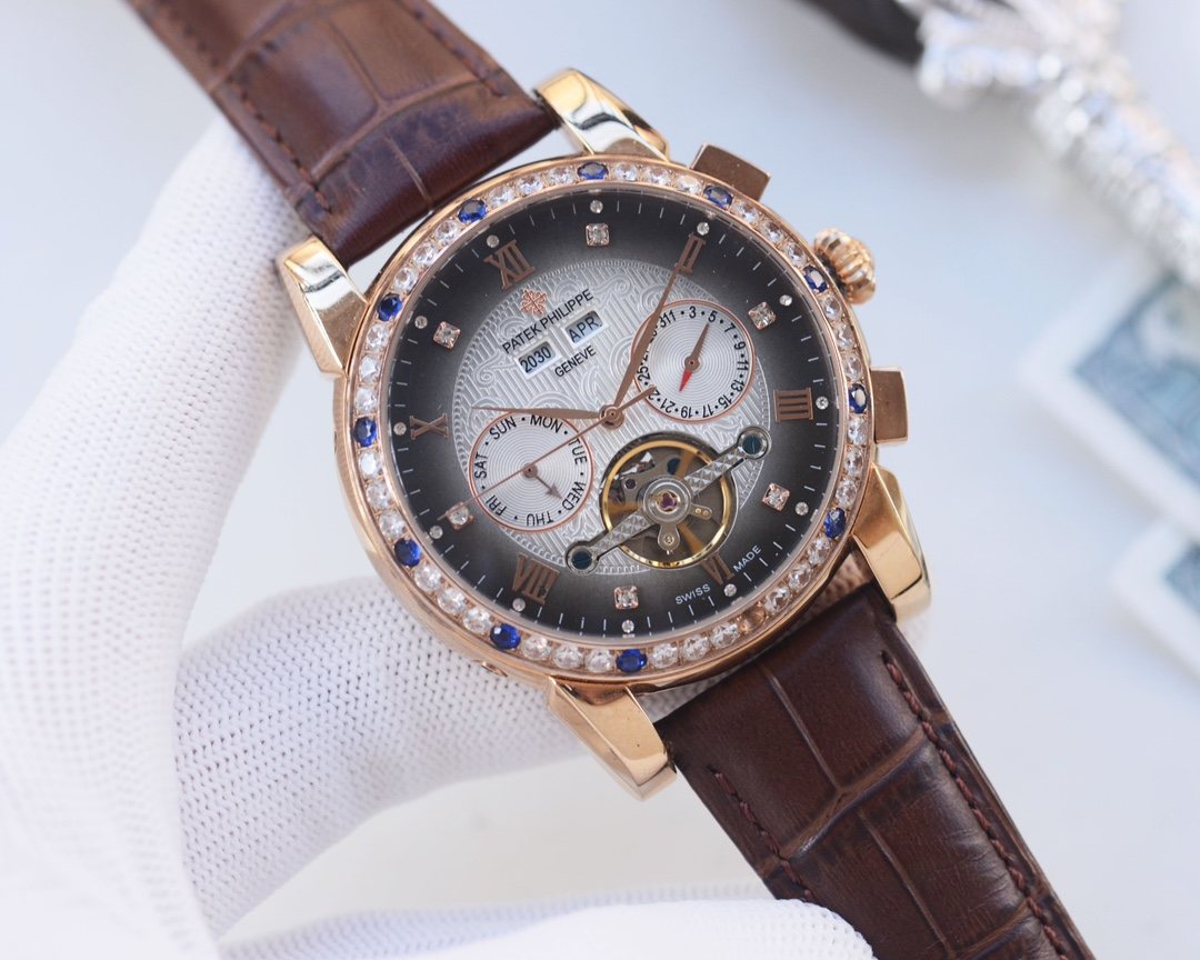 Patek Philippe Black Gold White Dial Strap Watch