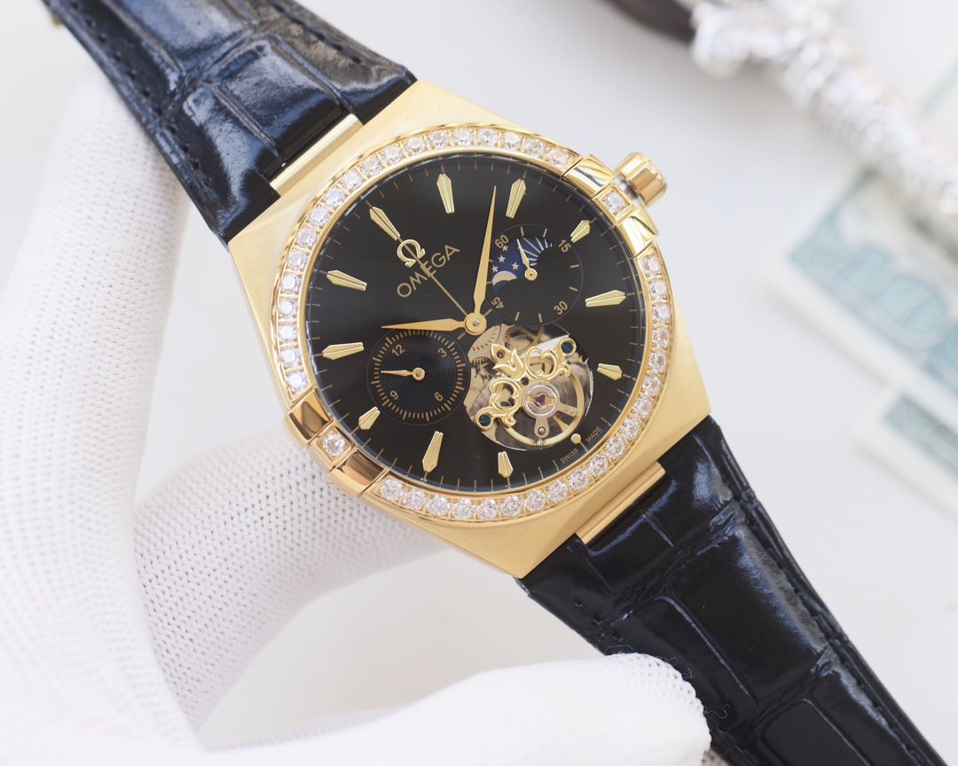 OMEGA Gold Black Dial Strap Watch