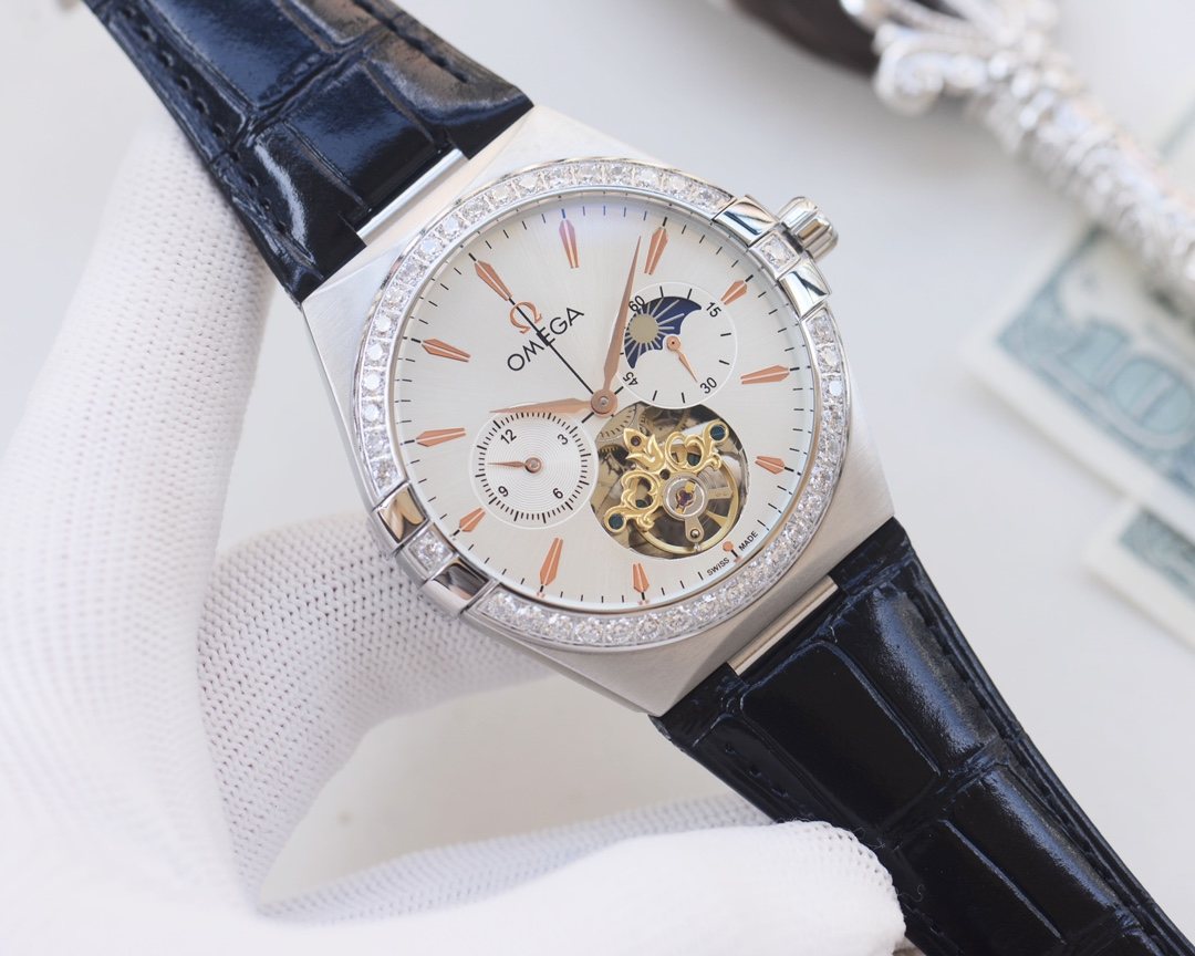 OMEGA Silver Black White Dial Strap Watch