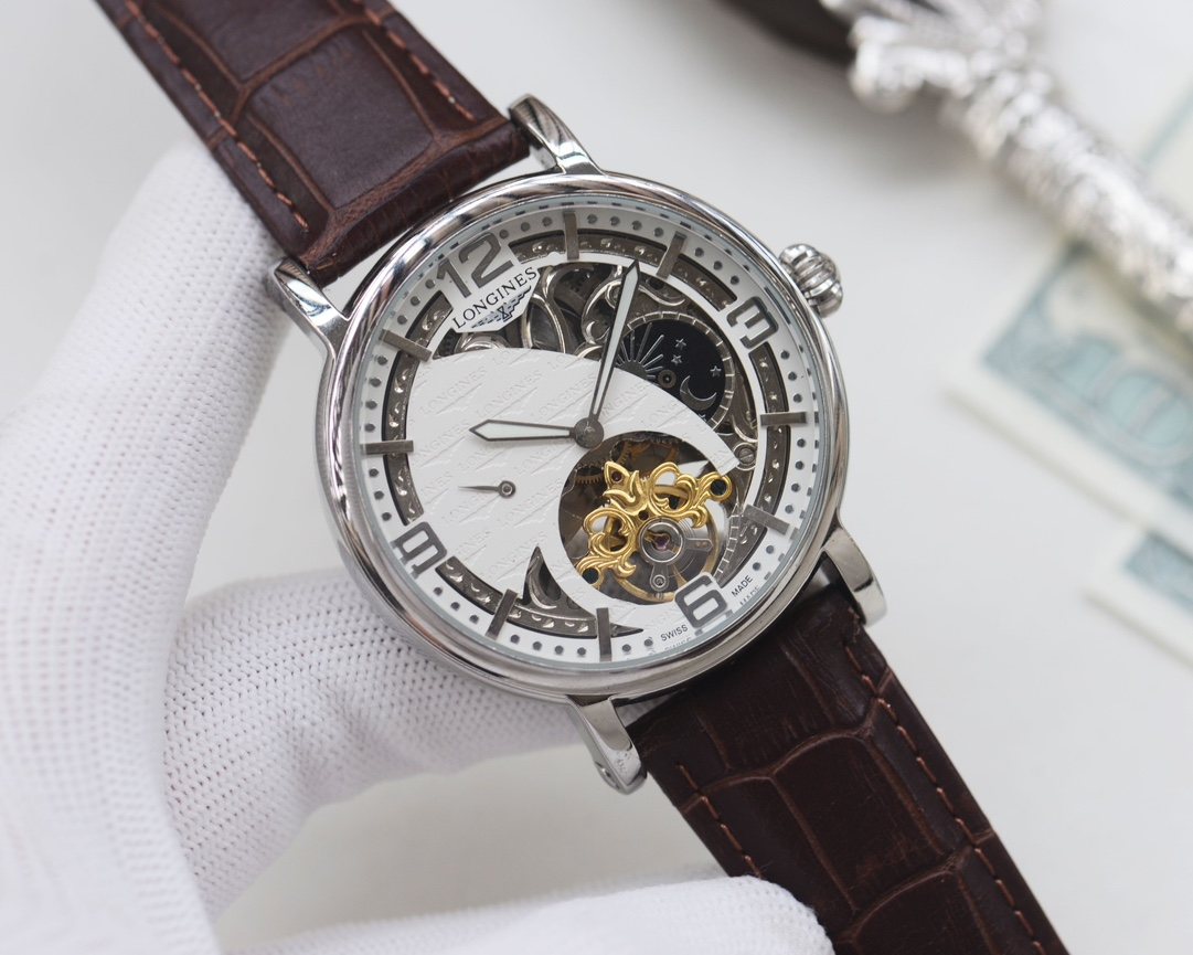 LONGINES Silver Brown White Dial Strap Watch