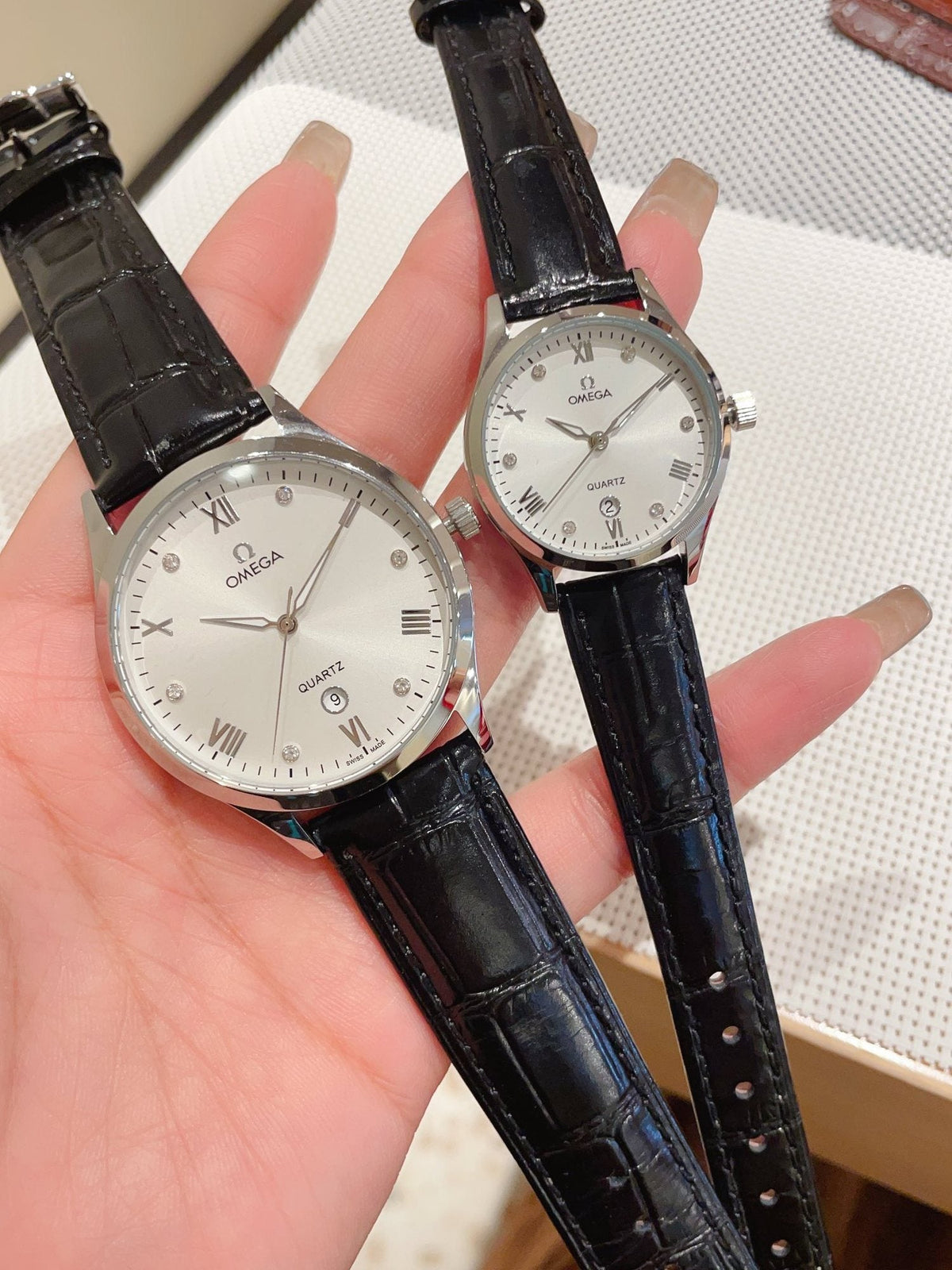 Omega Black Rose Gold White Dial Leather Strap Couple Watch Set