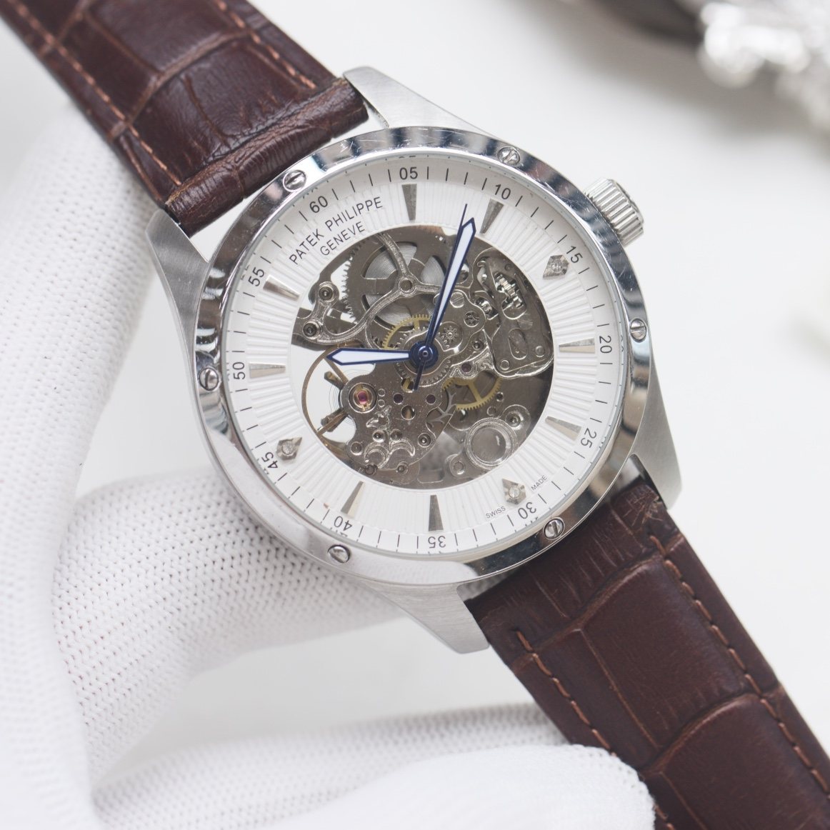 Patek Philippe Silver White Strap Watch