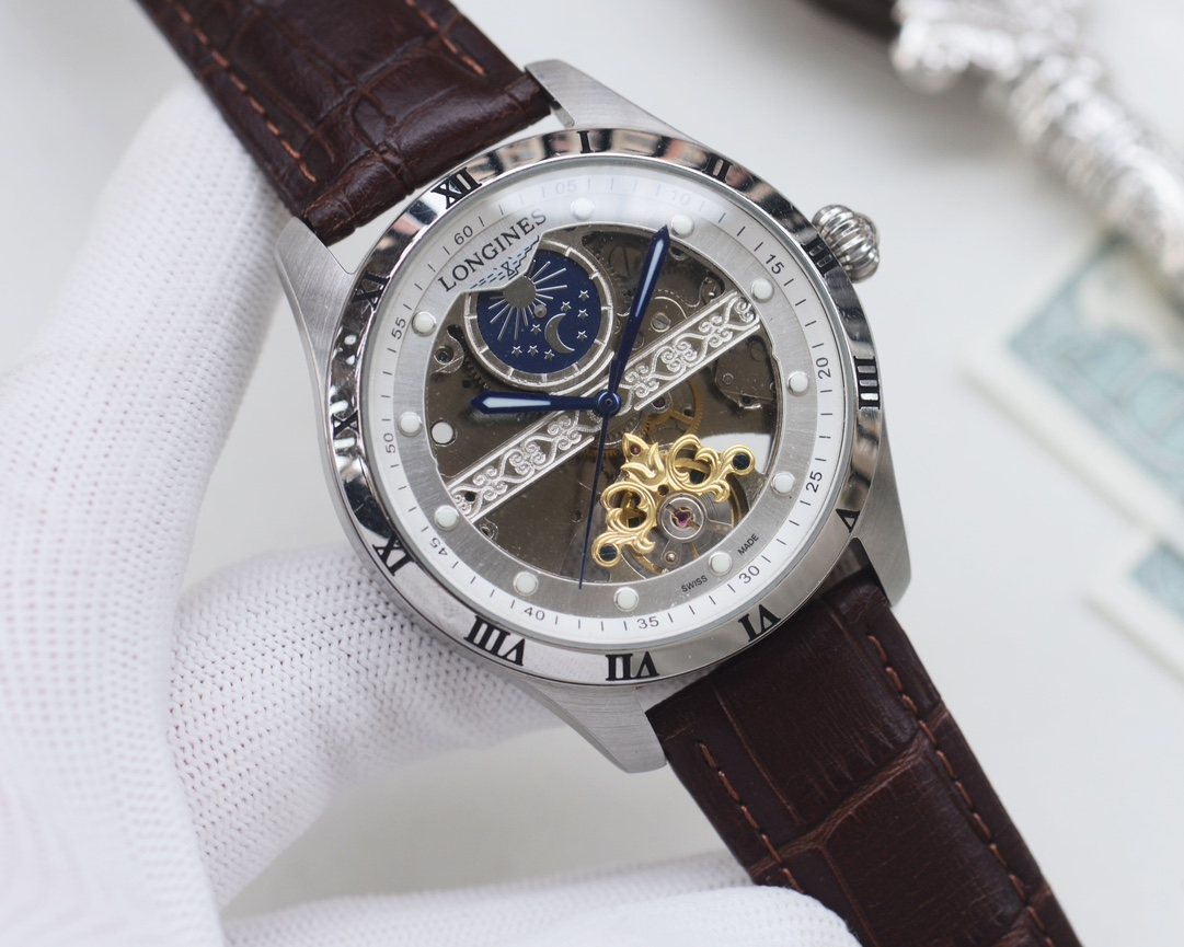 Longines Silver Brown Leather Strap Watch