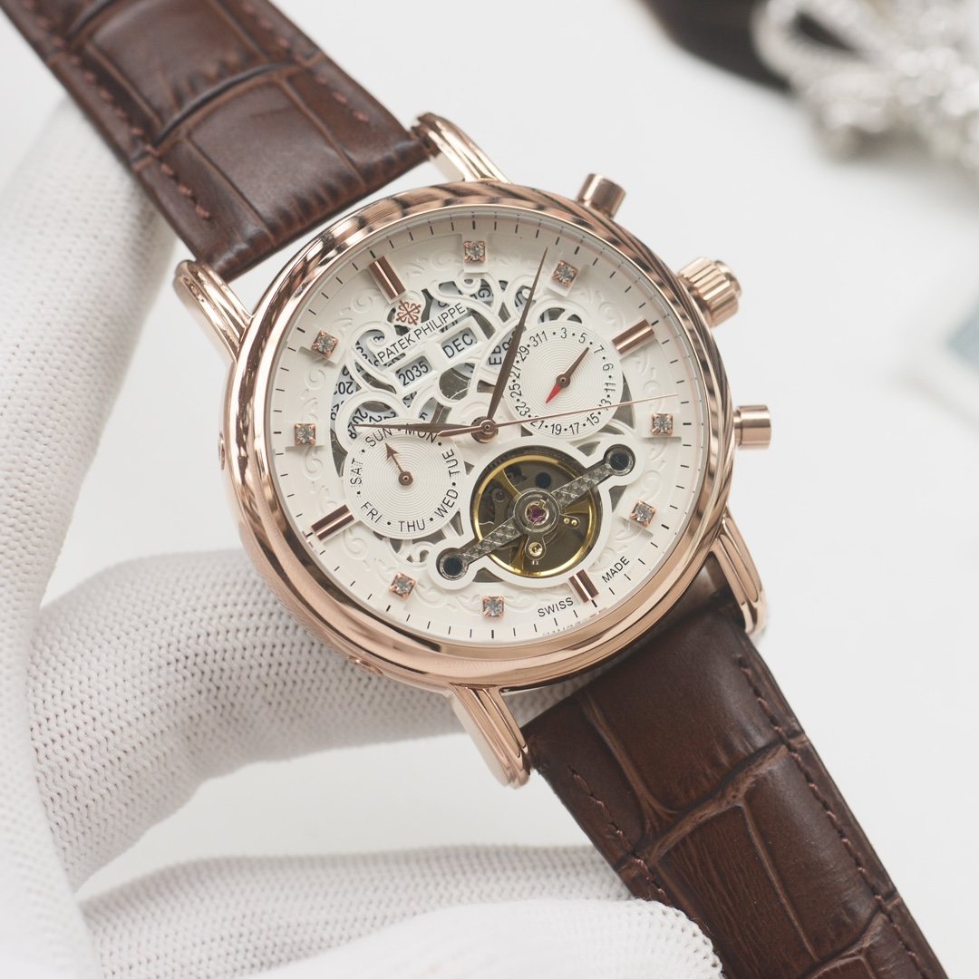 PATEK PHILIPPE Brown Rose Gold Leather Strap Watch