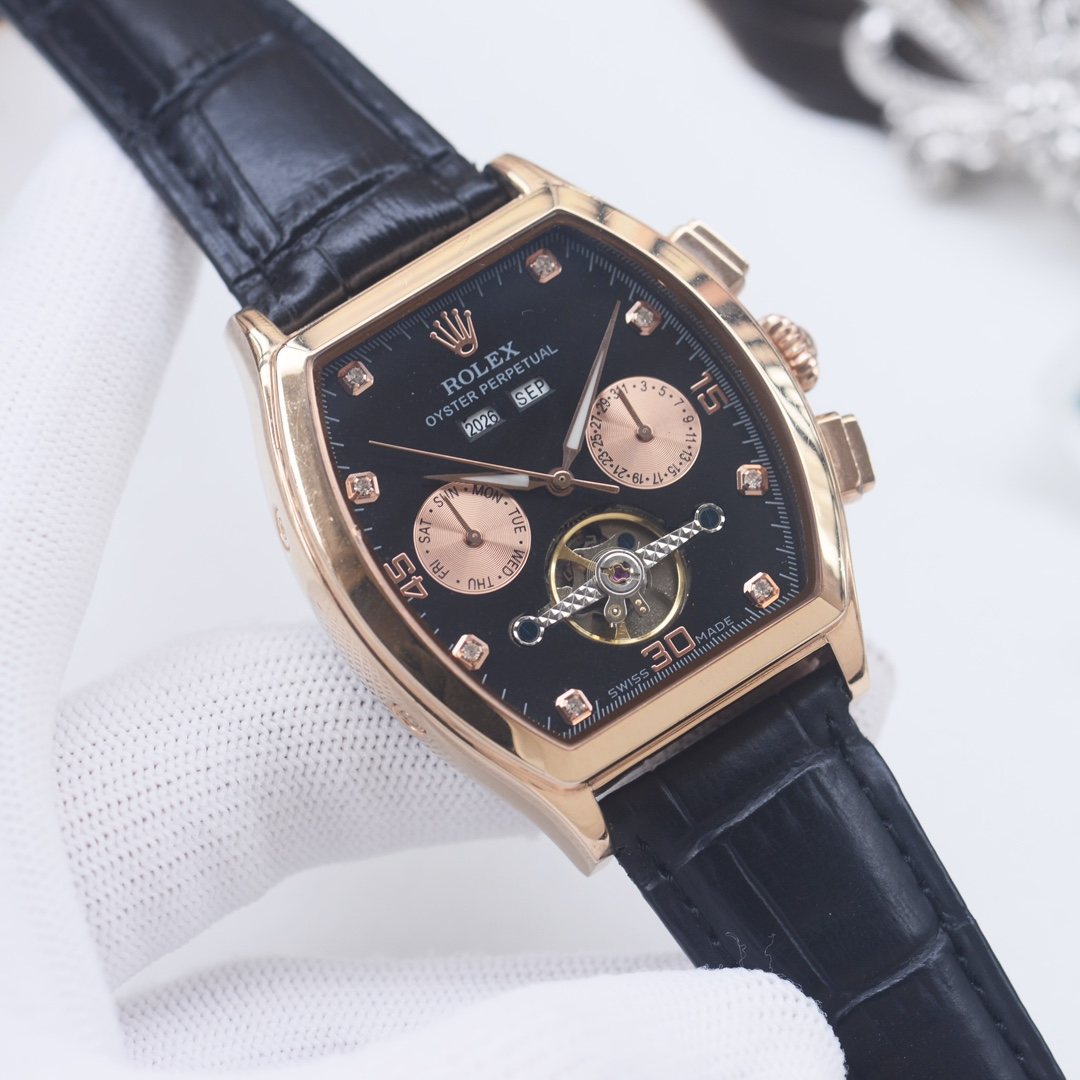 ROLEX Rose Gold Black Dial Strap Watch
