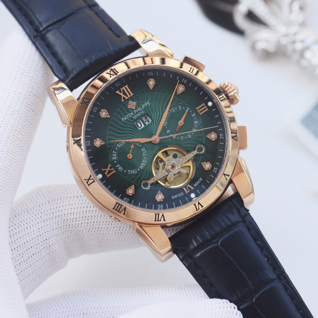 PATEK PHILIPPE Black Gold Green Dial Strap Watch