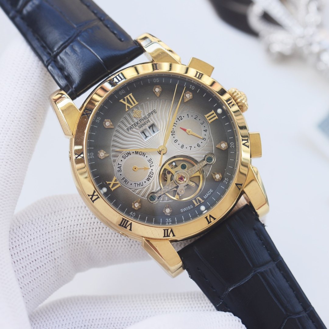 PATEK PHILIPPE Black Gold Strap Watch