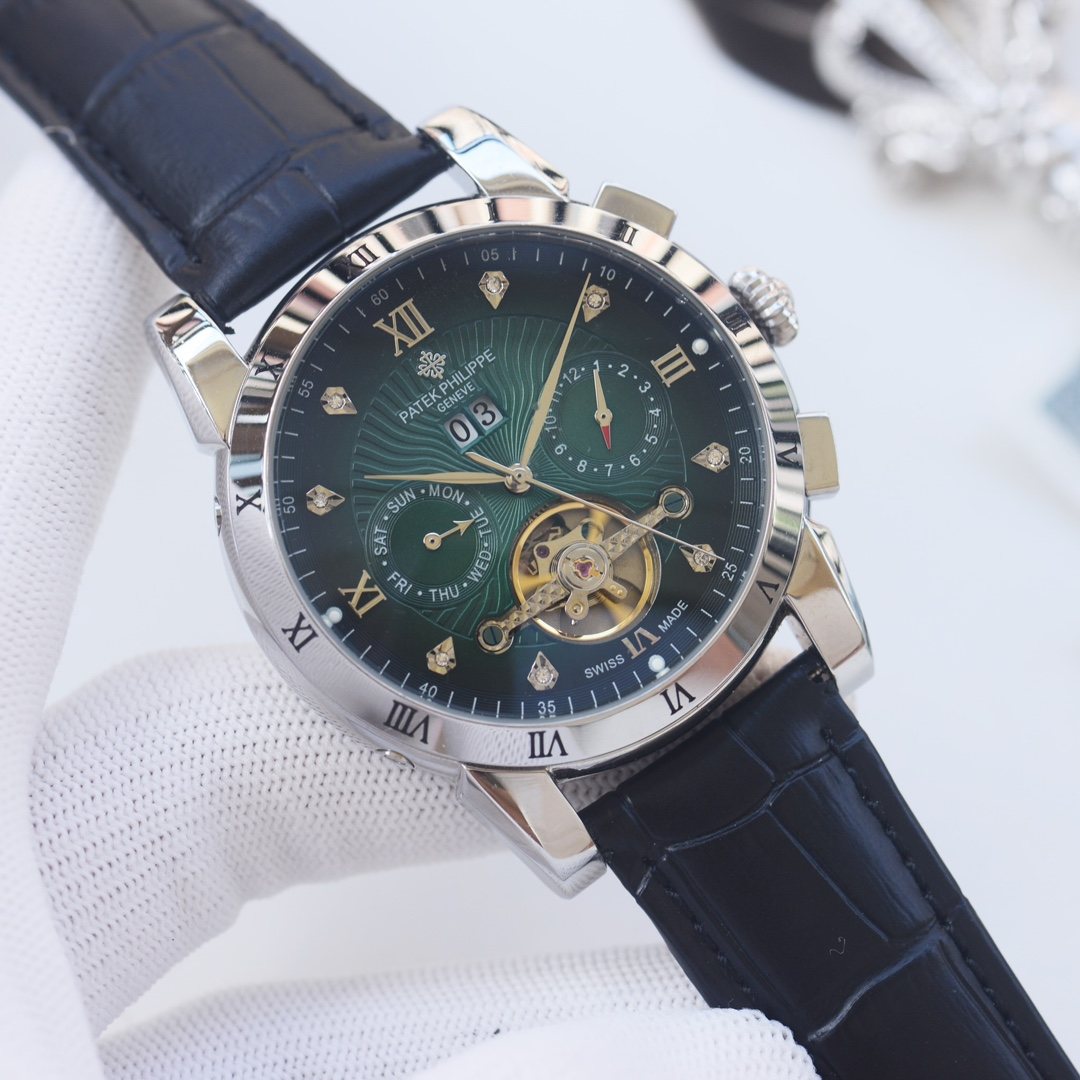 PATEK PHILIPPE Black Silver Green Dial Strap Watch