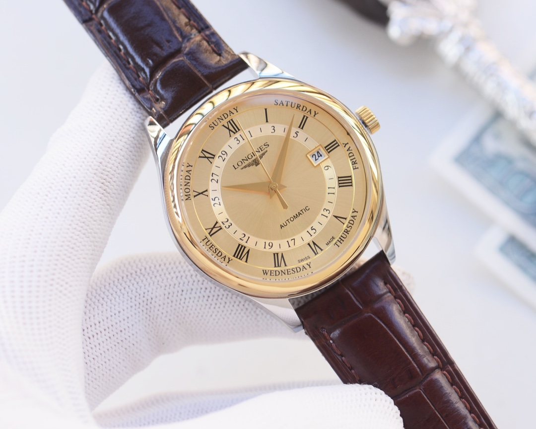 Longines Brown Gold Leather Strap Watch