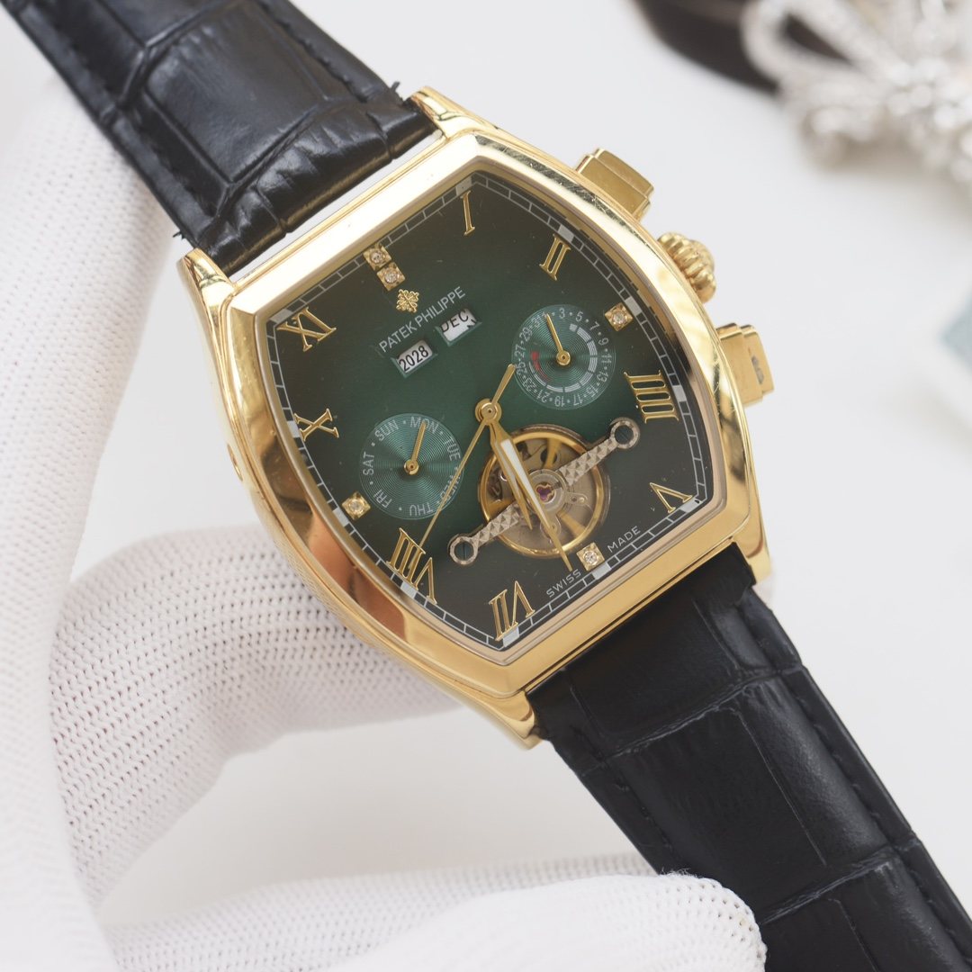 PATEK PHILIPPE Gold Black Green Dial Leather Strap Watch