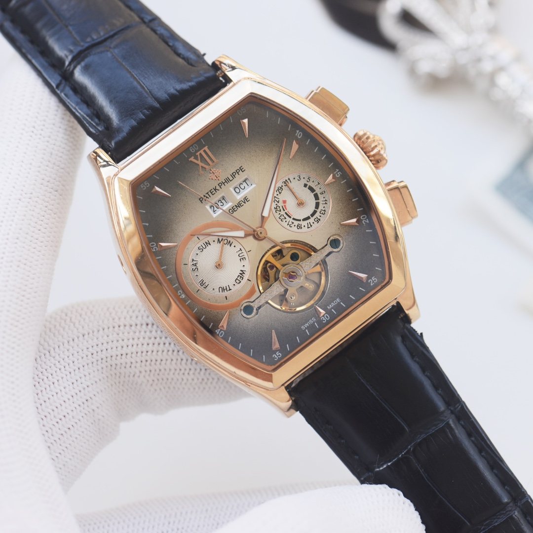 PATEK PHILIPPE Rose Gold Black Leather Strap Watch