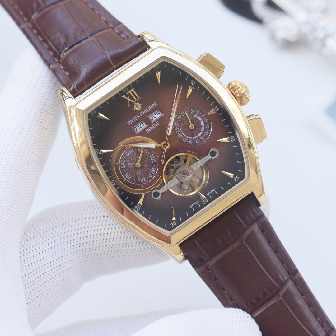 PATEK PHILIPPE Gold Brown Dial Leather Strap Watch