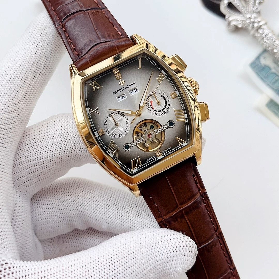 PATEK PHILIPPE Gold Brown Silver Dial Leather Strap Watch