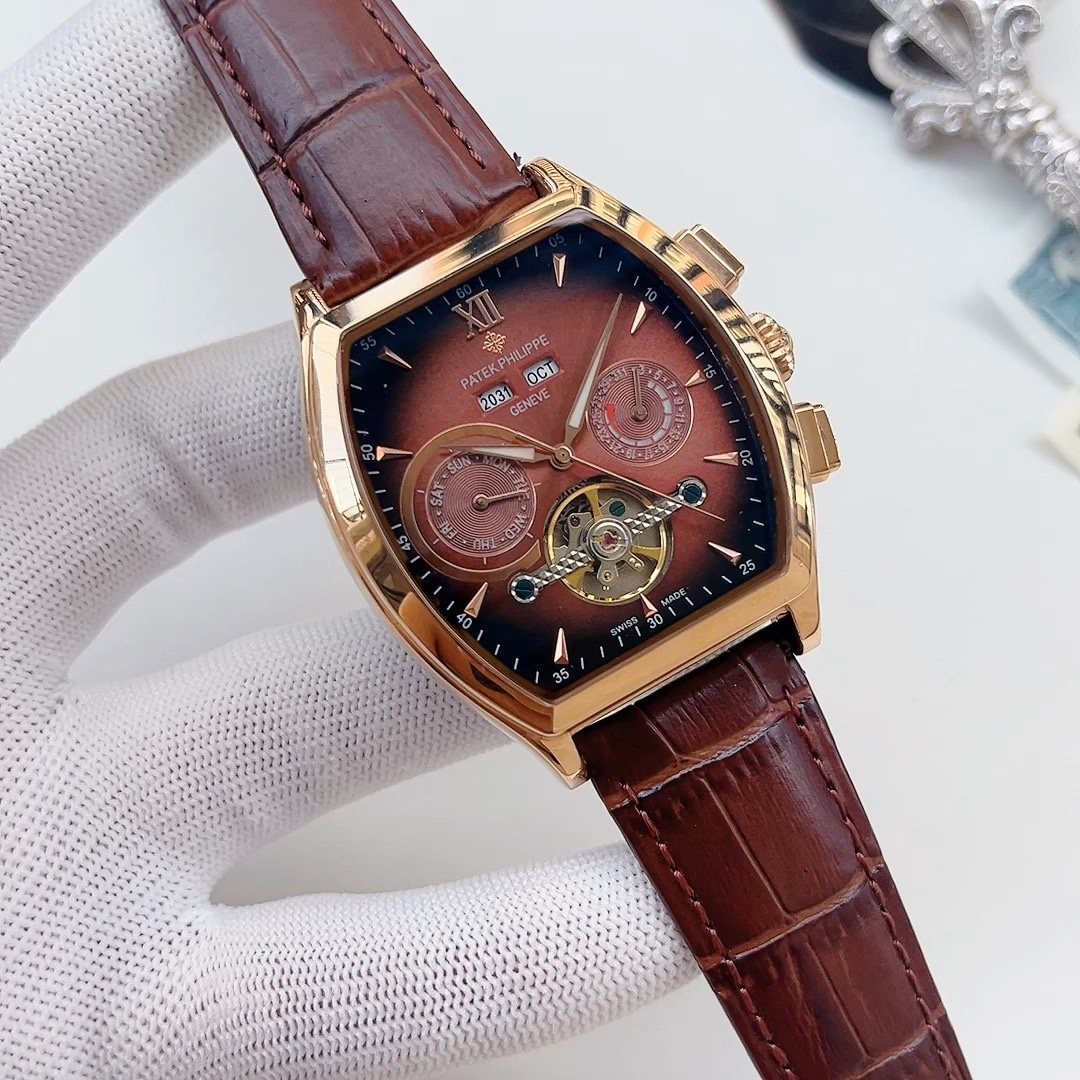 PATEK PHILIPPE Gold Brown Leather Strap Watch