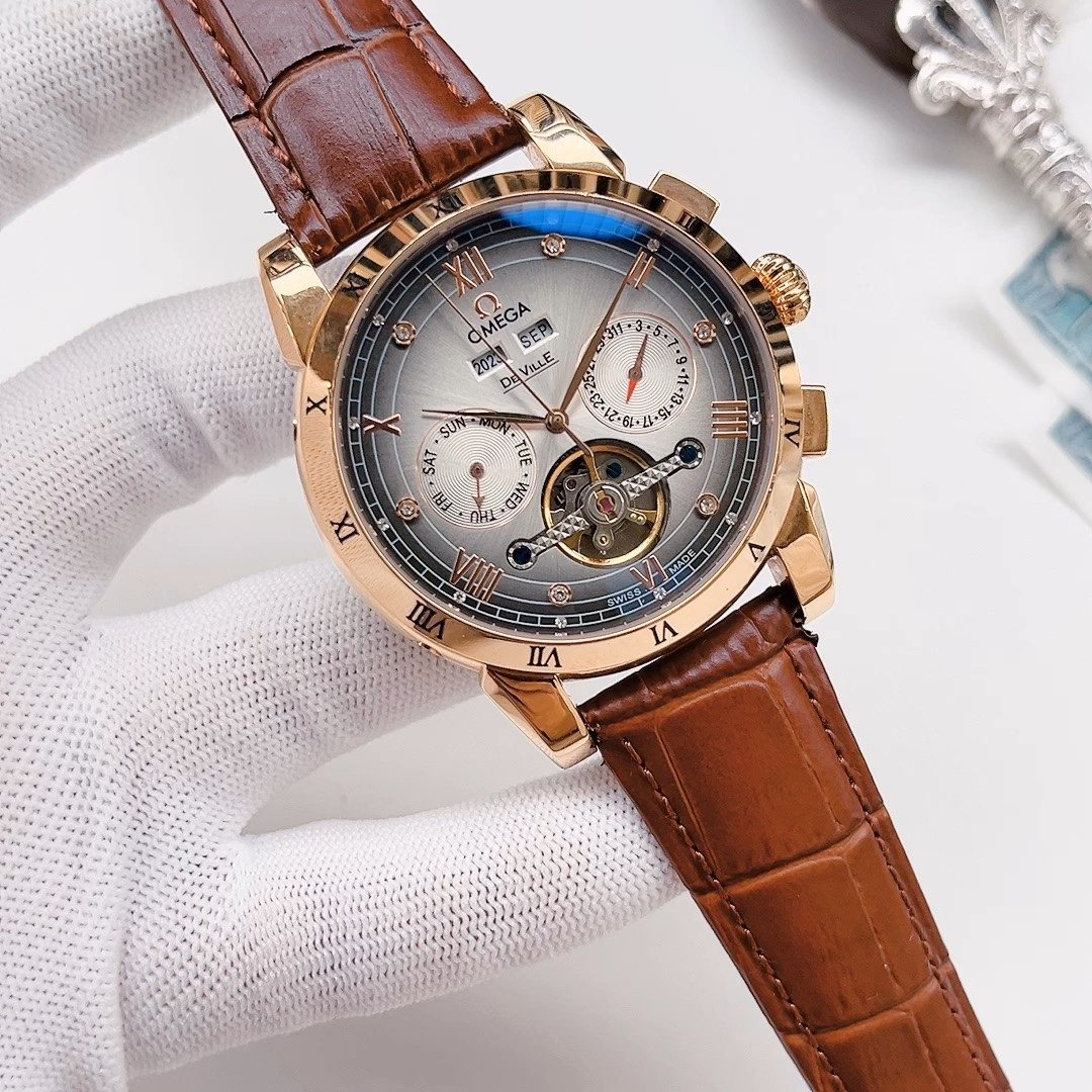 OMEGA Rose Gold Brown Silver Dial Leather Strap Watch