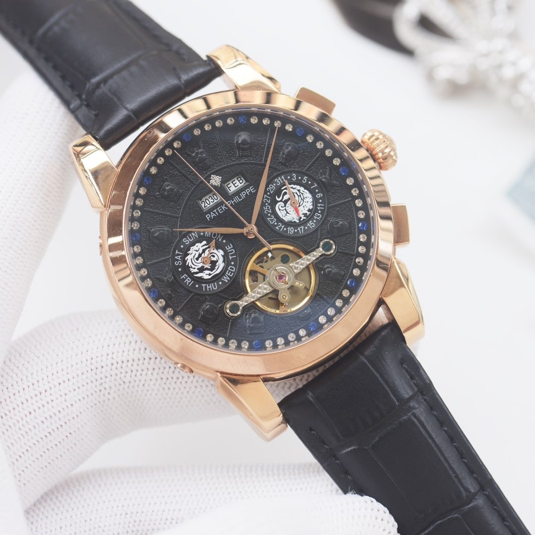 PATEK PHILIPPE Rose Gold Black Dial Leather Strap Watch