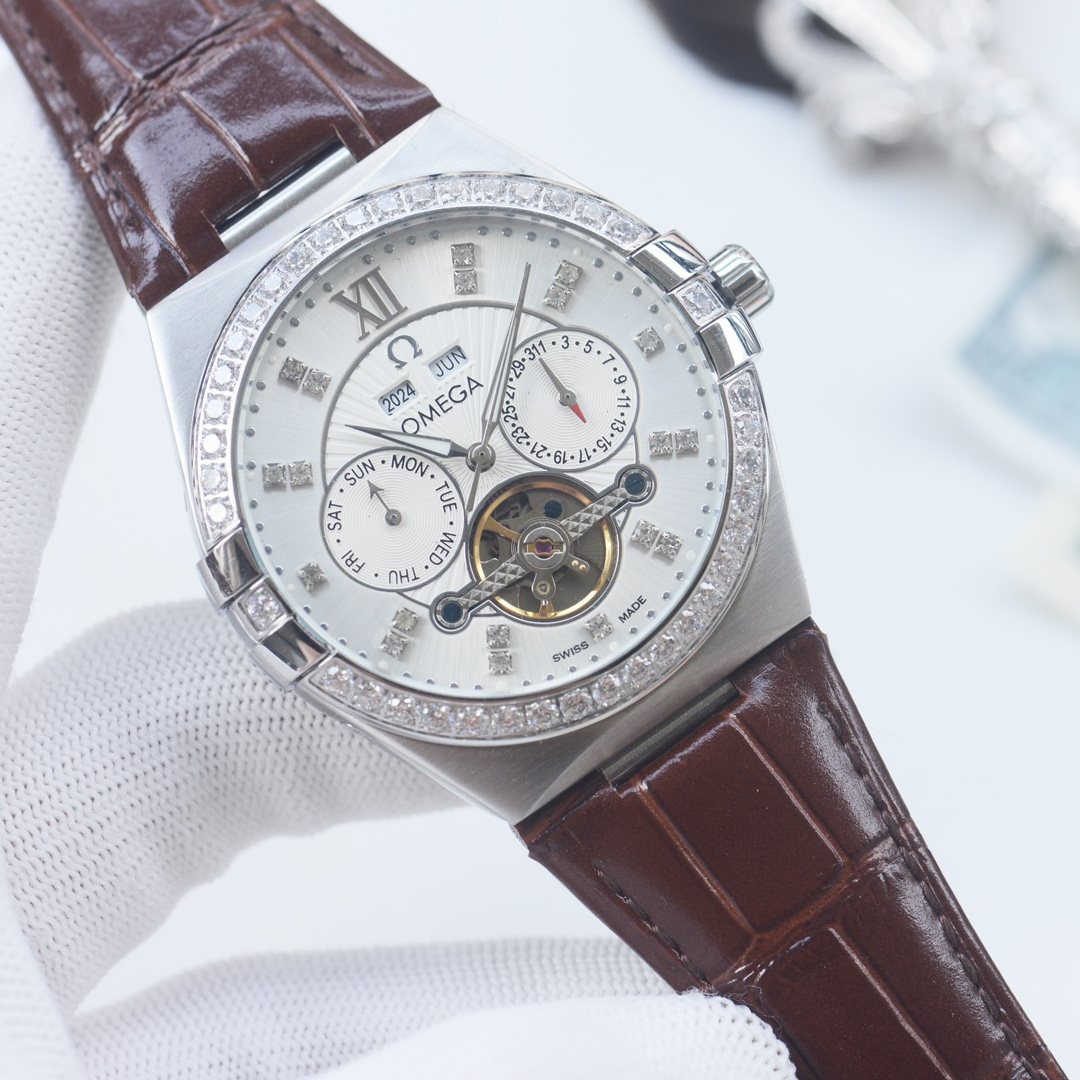 OMEGA Brown Silver Dial Strap Watch