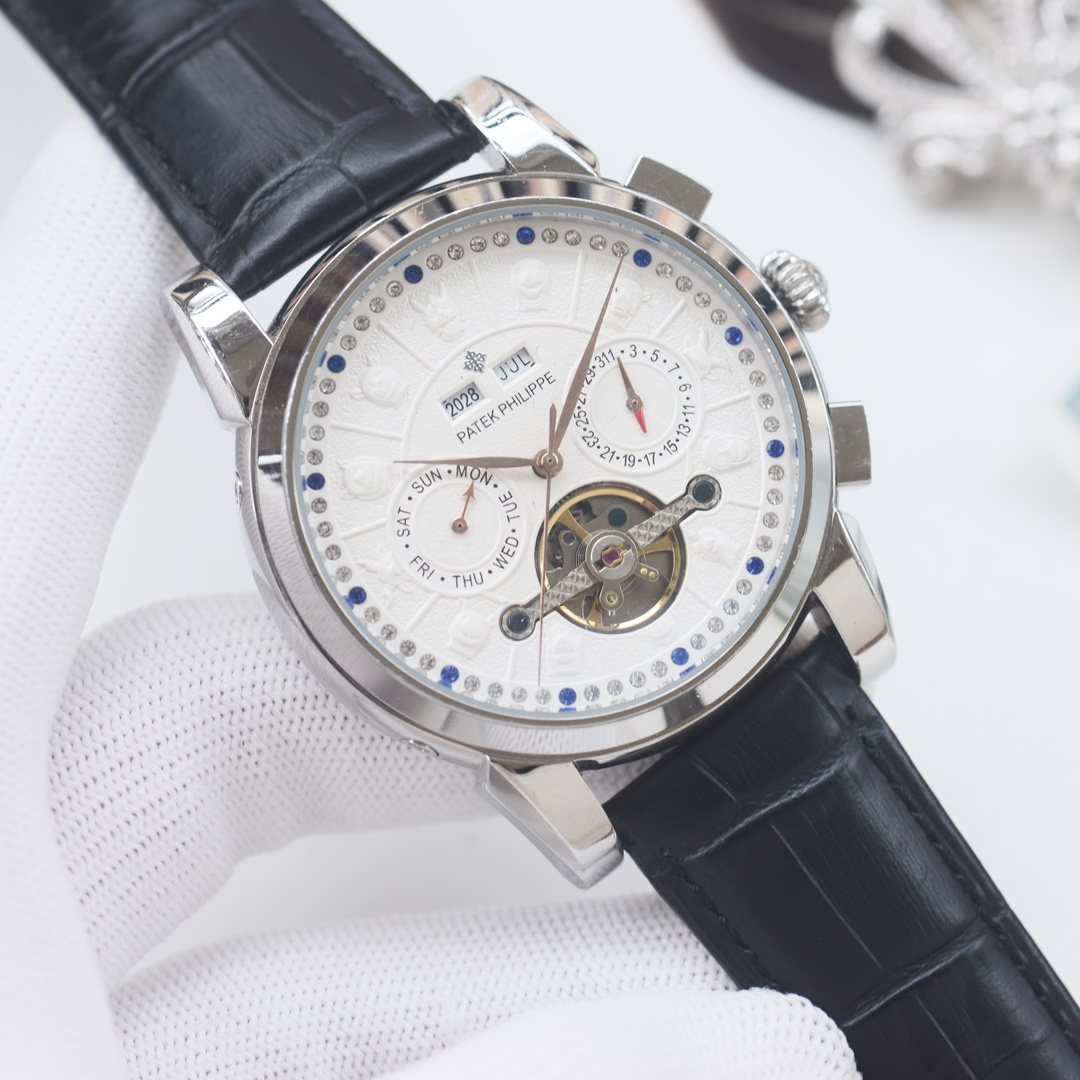 PATEK PHILIPPE Silver Black White Dial Strap Watch