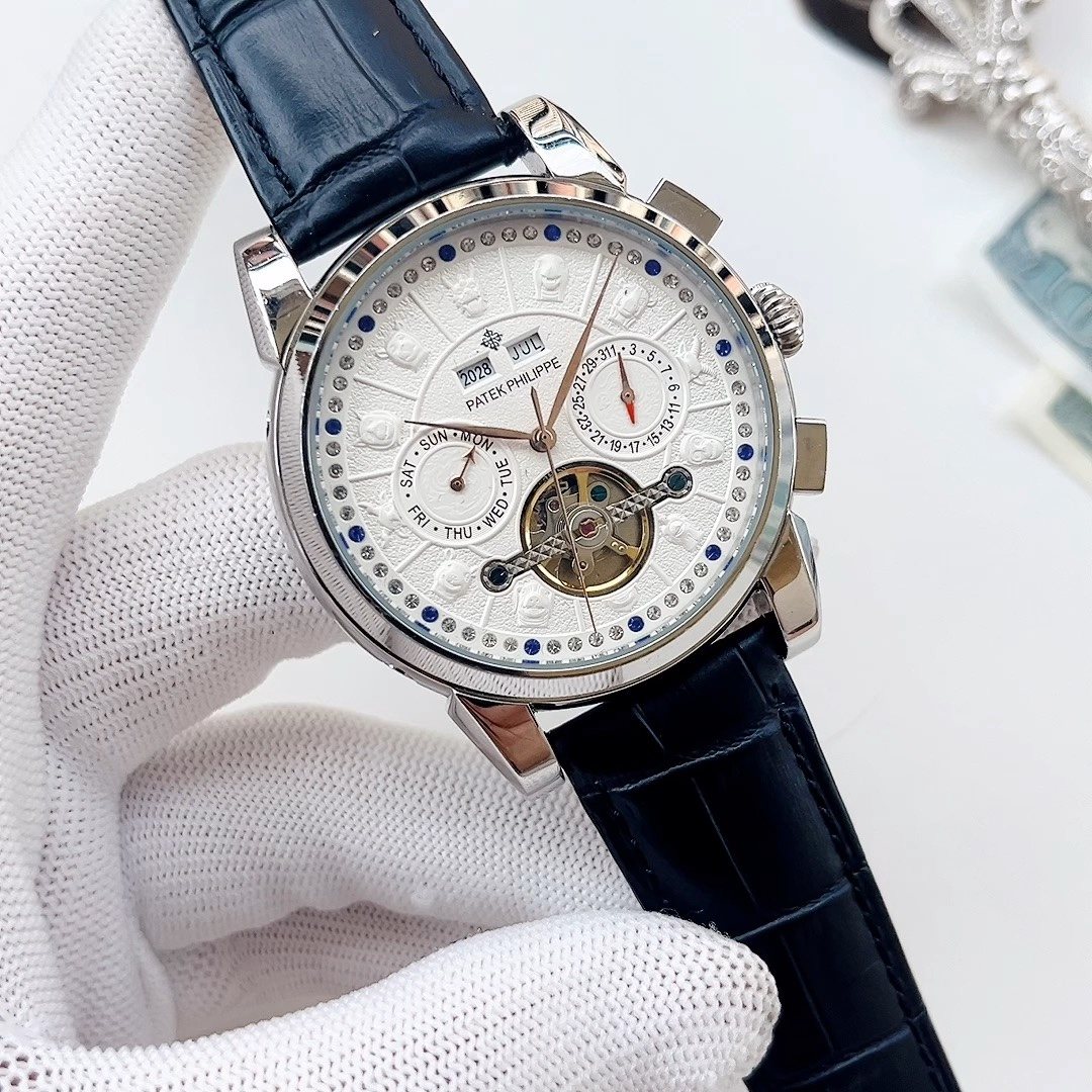 PATEK PHILIPPE Silver Blue White Dial Strap Watch