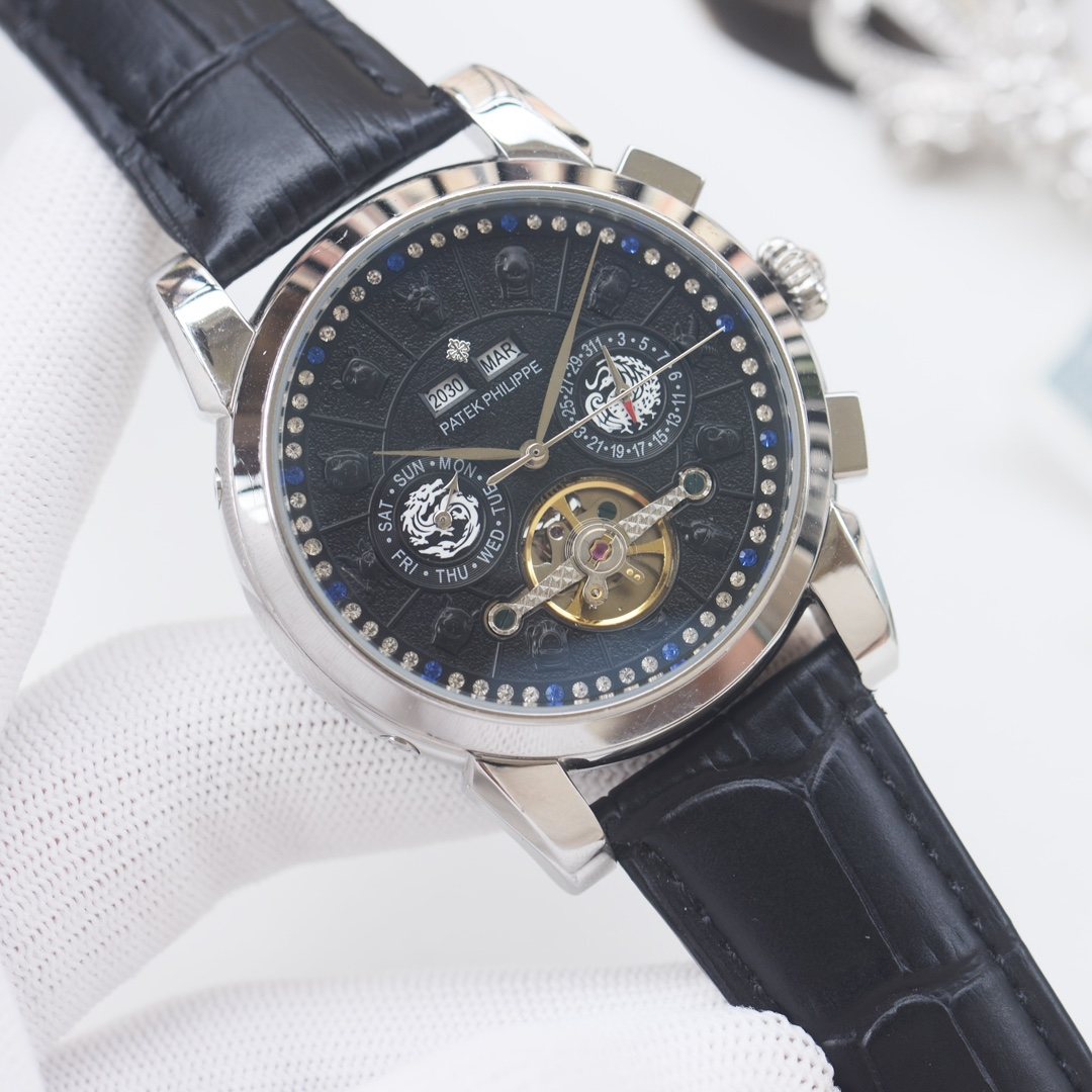 PATEK PHILIPPE Silver Black Dial Strap Watch
