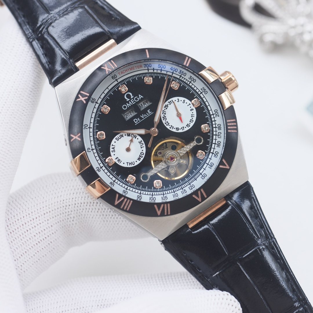 OMEGA Rose Gold Black Dial Leather Strap Watch