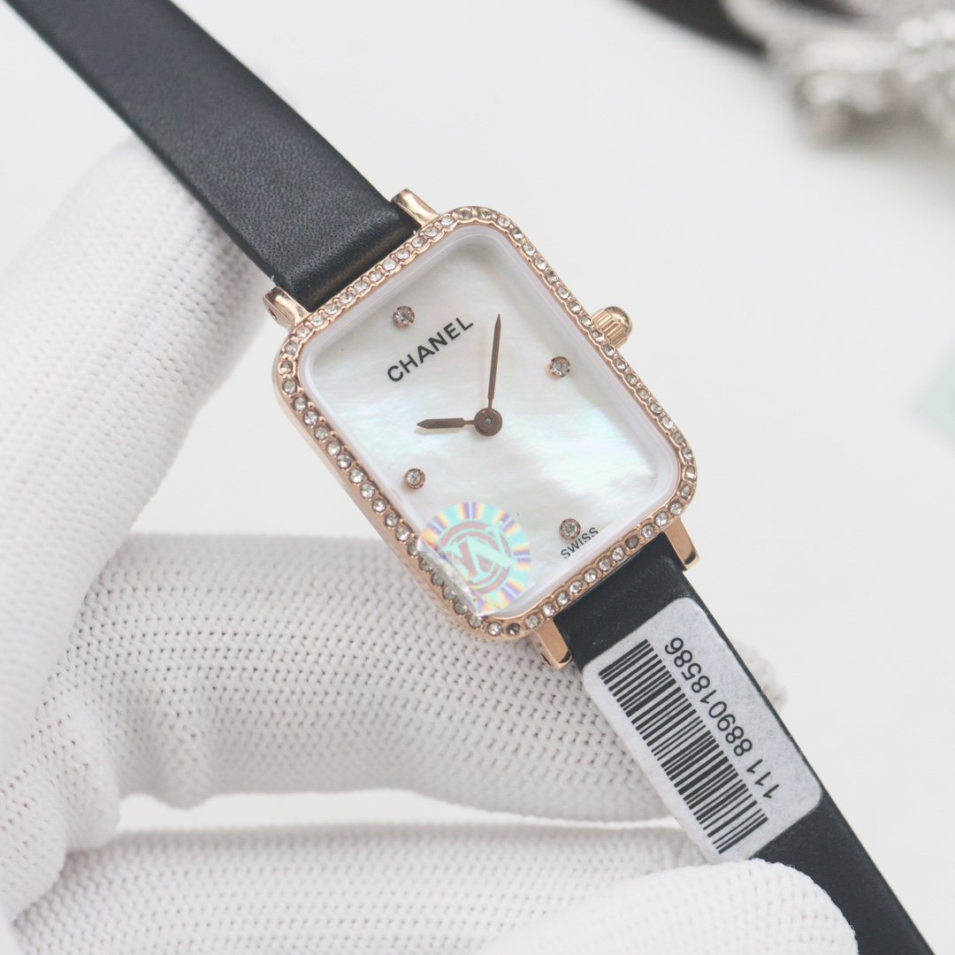 CHANEL Black Rose Gold White Dial Leather Strap Watch