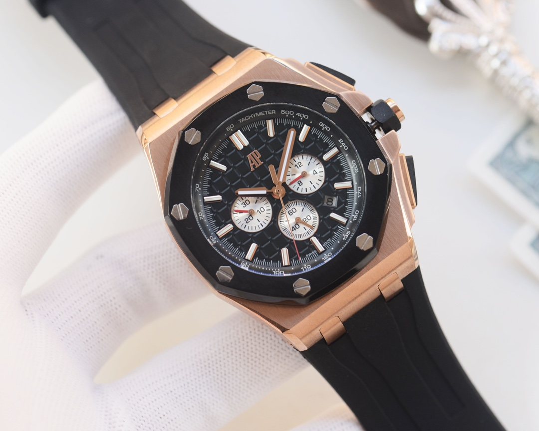 AP Rose Gold Black Silver Dial Strap Watch