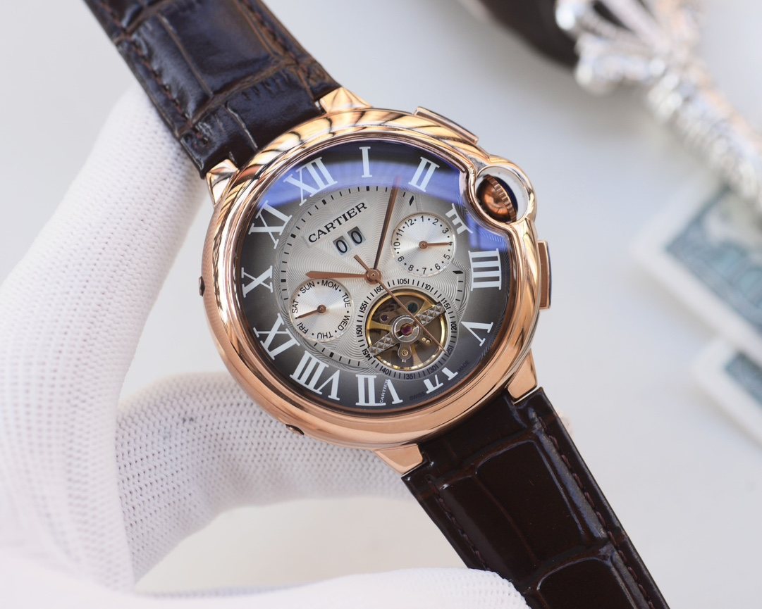 CARTIER Rose Gold Brown Black Dial Leather Strap Watch