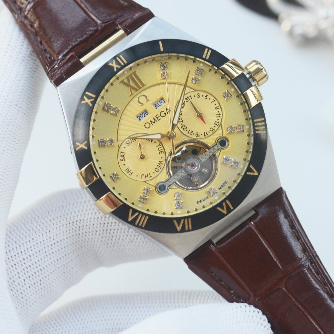 OMEGA Brown Black Gold Dial Leather Strap Watch
