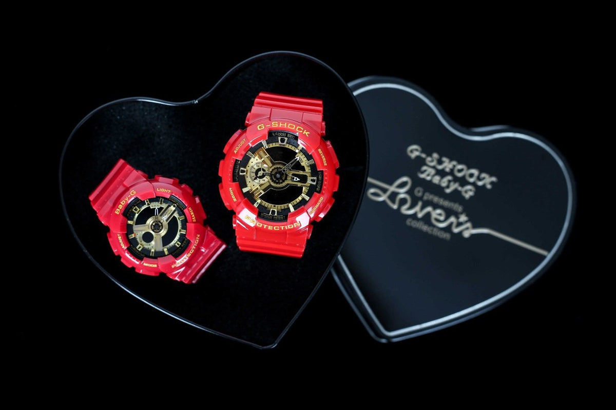 Casio Red Black Gold Dial Couple Watch Set
