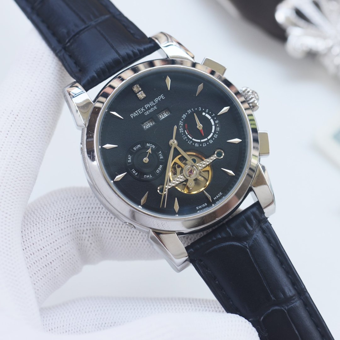 PATEK PHILIPPE Silver Black Dial Strap Watch