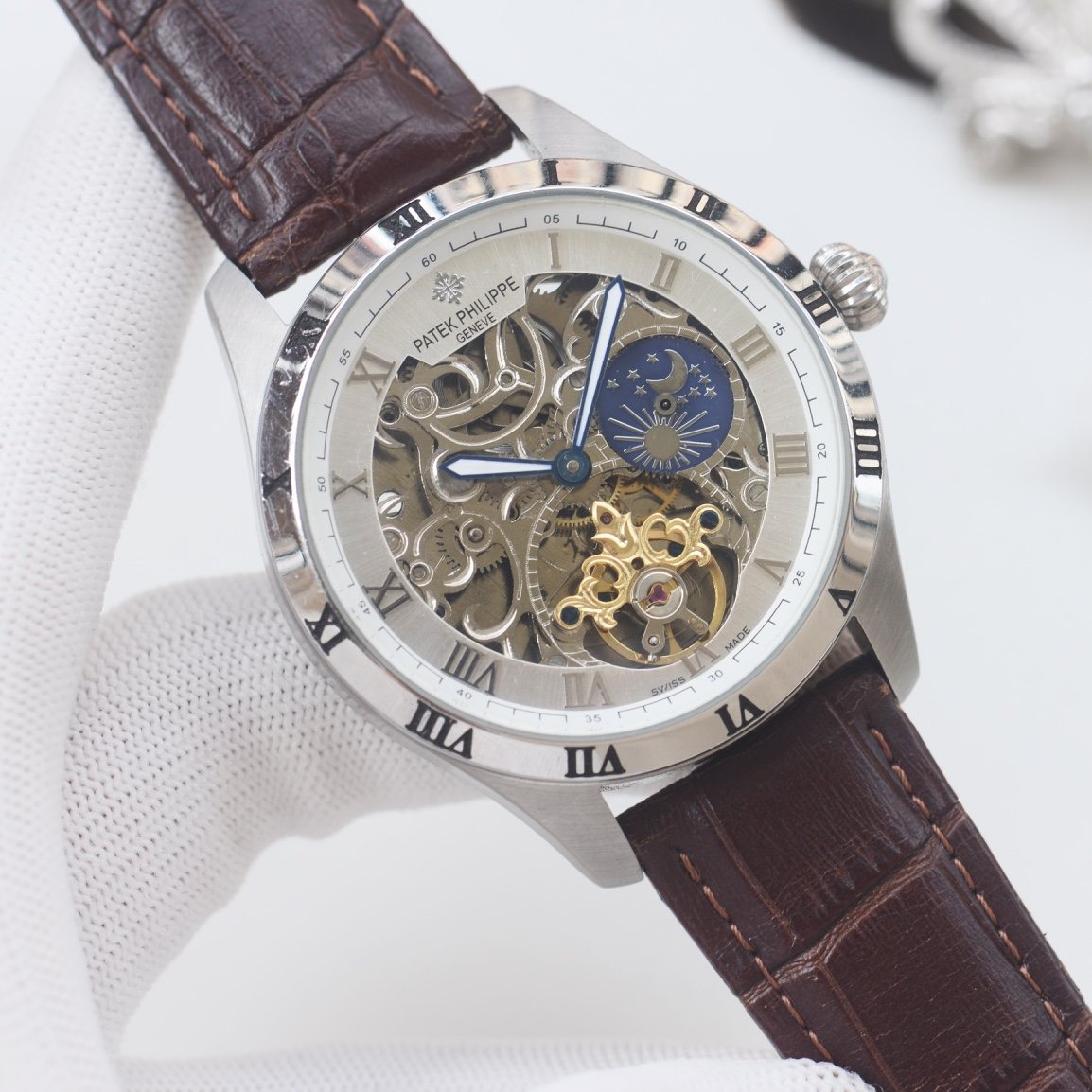 PATEK PHILIPPE Silver Brown Strap Watch