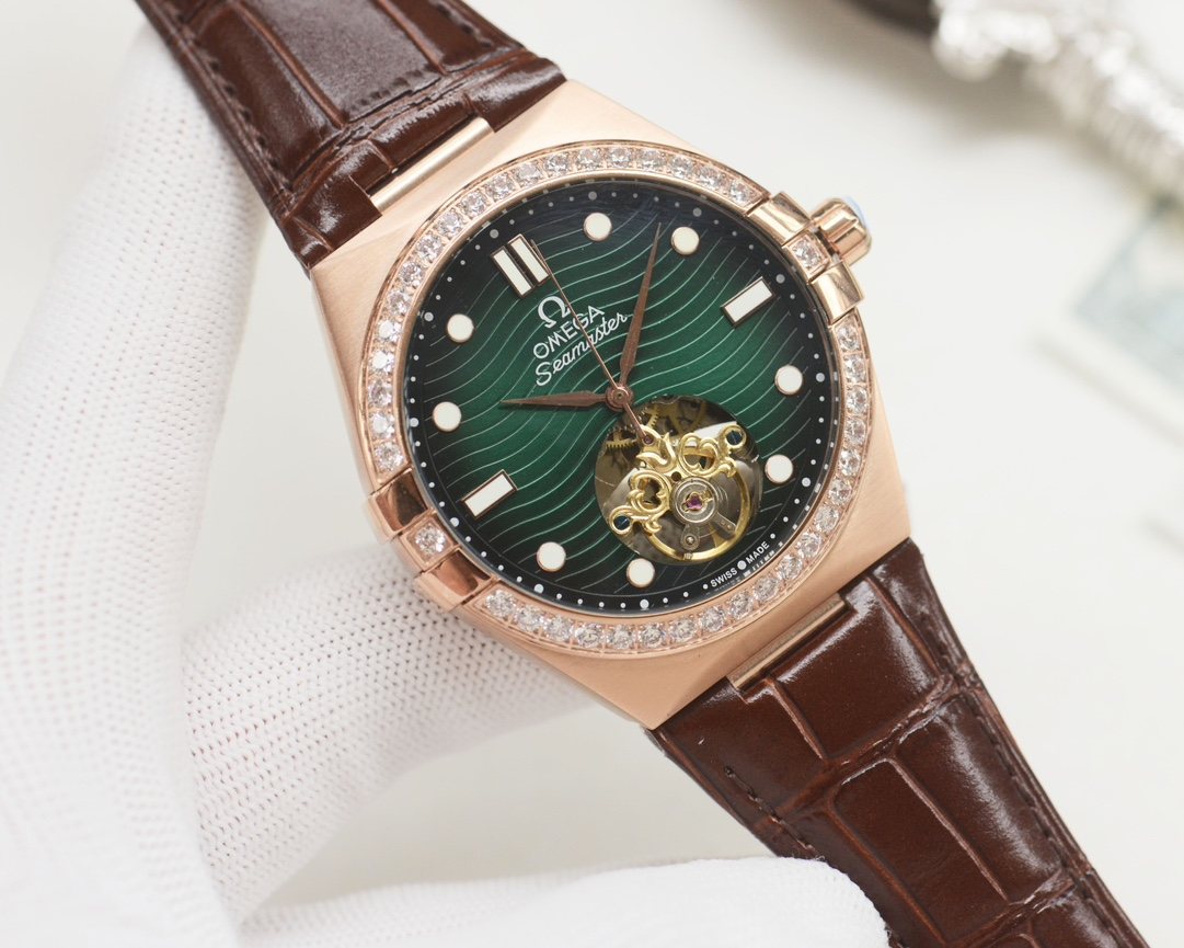 OMEGA Rose Gold Brown Green Dial Leather Strap Watch