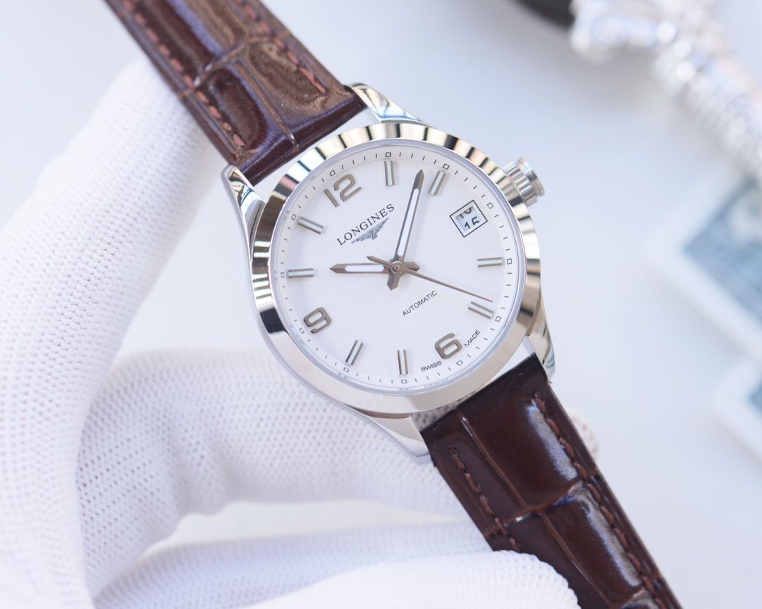 LONGINES Brown Silver White Dial Leather Strap Watch