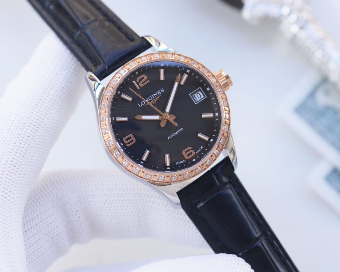 LONGINES Rose Gold Black Dial Leather Strap Watch