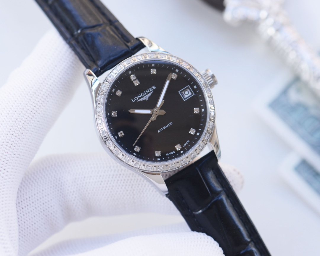 LONGINES Silver Black Dial Leather Strap Watch